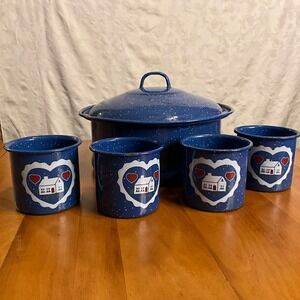 Vintage Blue Enamelware Pot w/ Lid 4 Mugs Farmhouse Country House Cottagcore